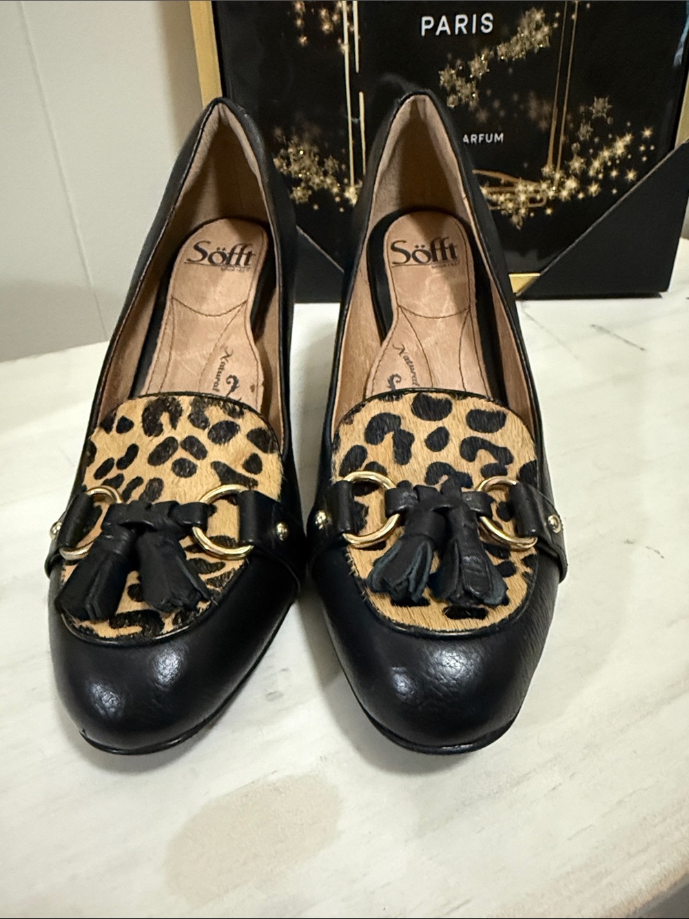 SOFFT Black Leather Leopard Tassel Loafers